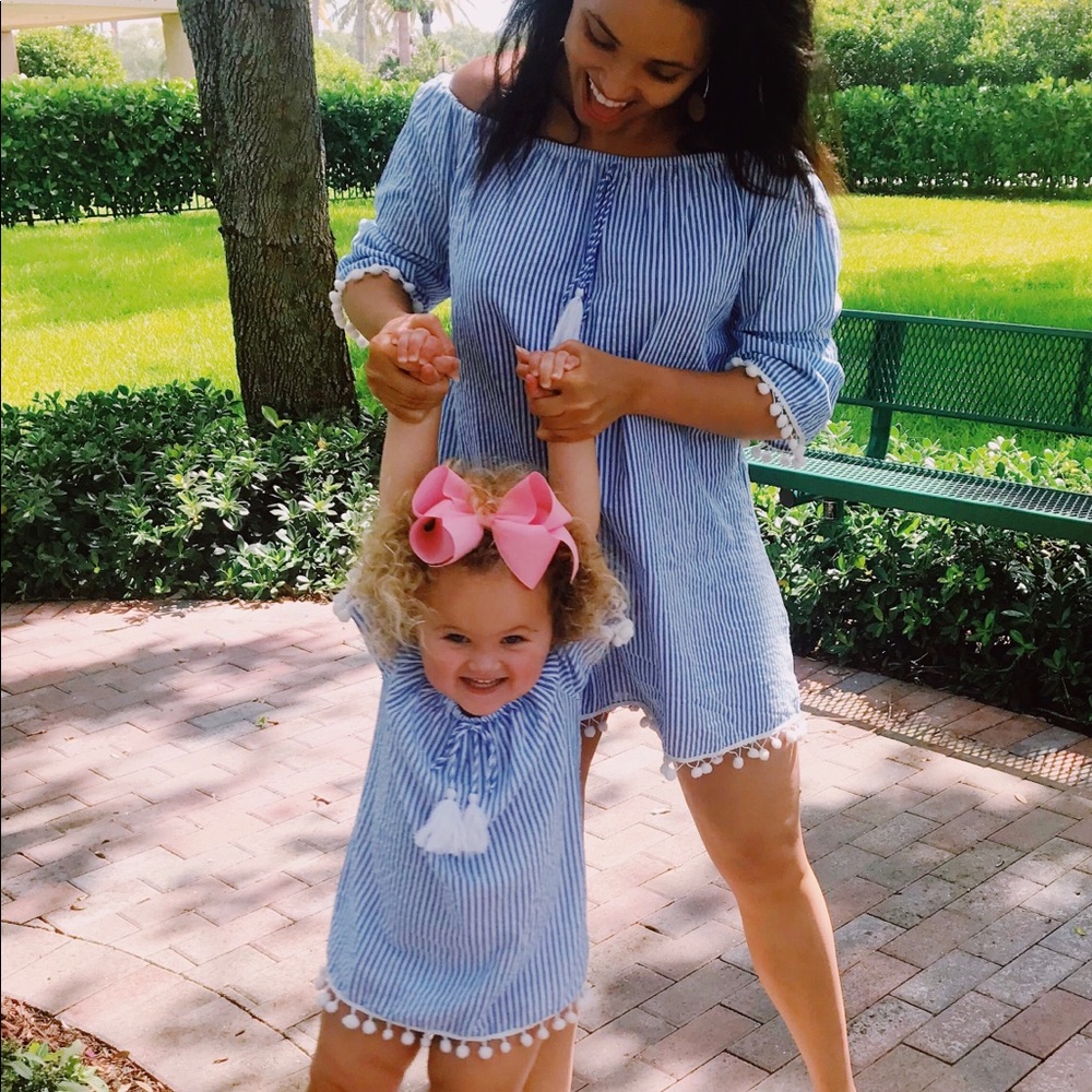 Mommy and me off the shoulder seersucker dress